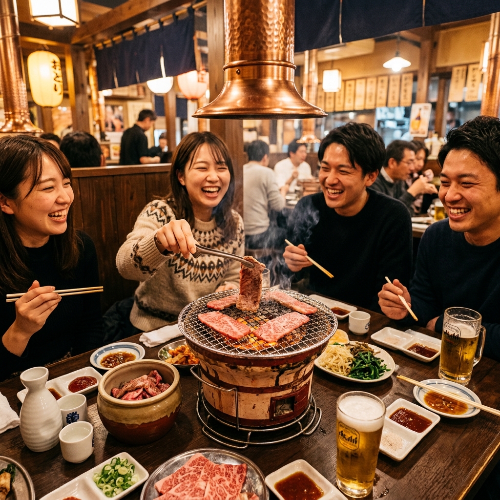 Friends enjoying yakiniku BBQ together at a warm, cozy Japanese restaurant
