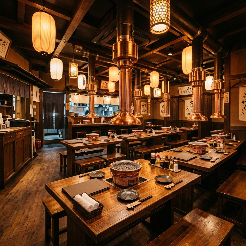 Warm and cozy interior of Yakiniku Jom restaurant with wooden tables and lanterns