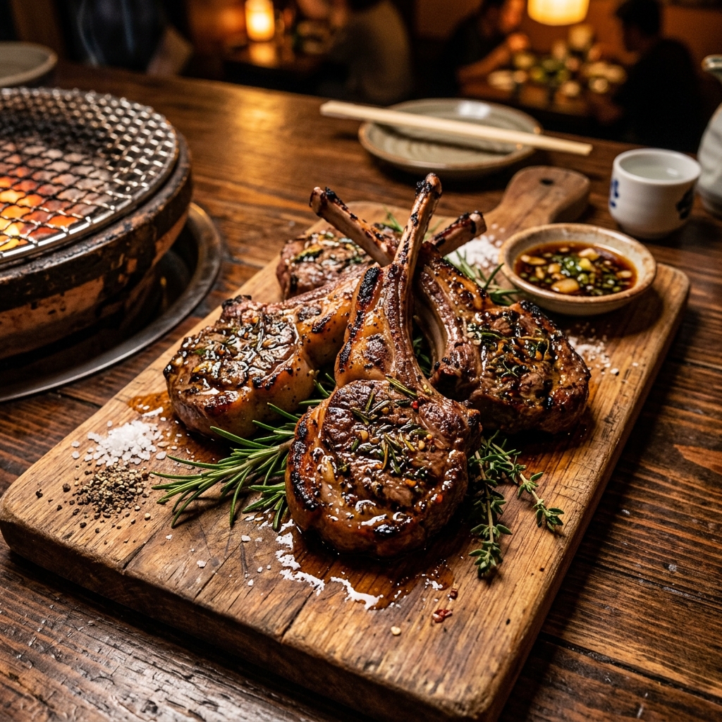 Tender lamb chops with herb marinade on a wooden board