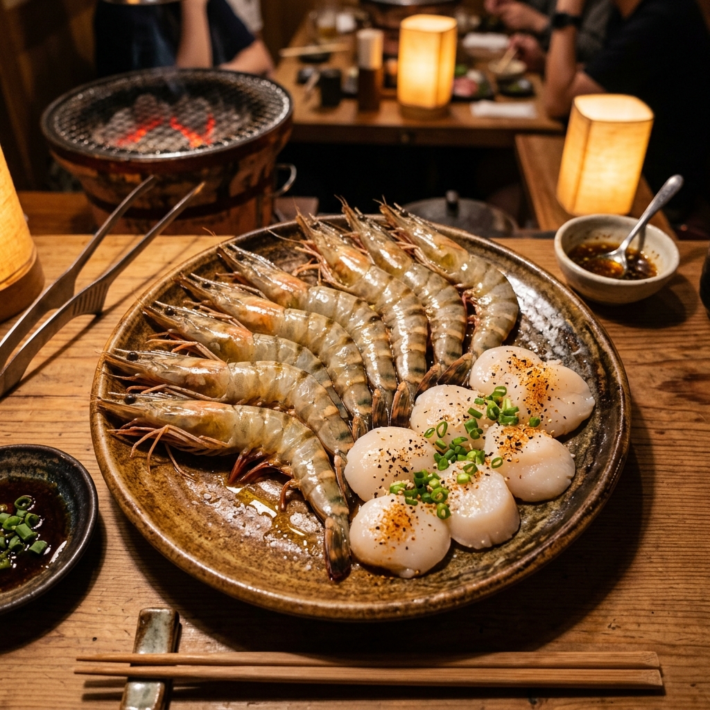 Tiger prawns and scallops on a plate