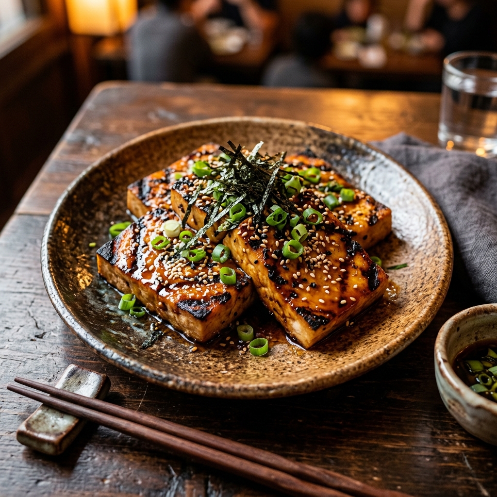 Grilled tofu steak with sesame glaze