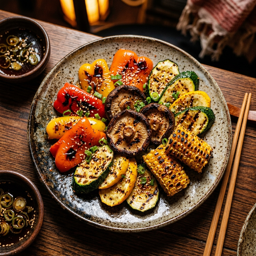 Grilled seasonal vegetables on a ceramic plate