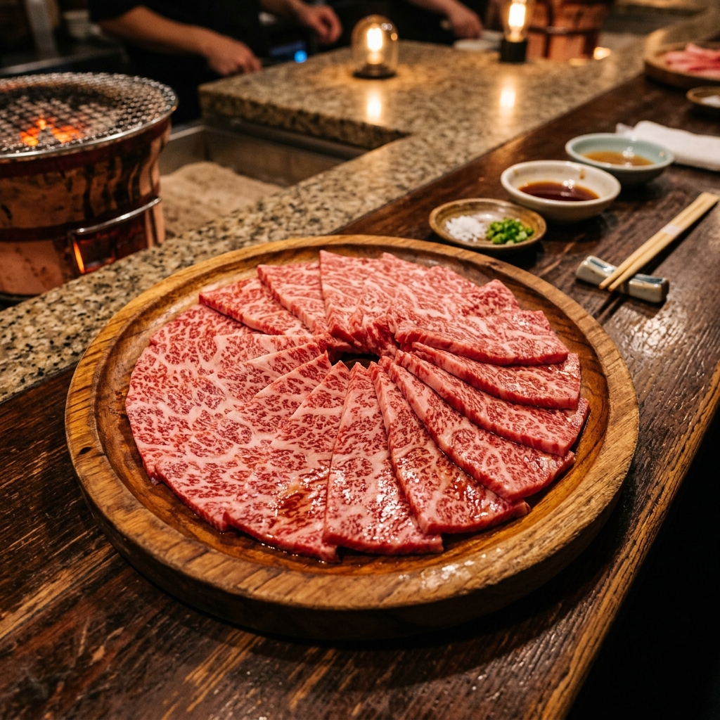 Premium wagyu beef slices on a wooden plate